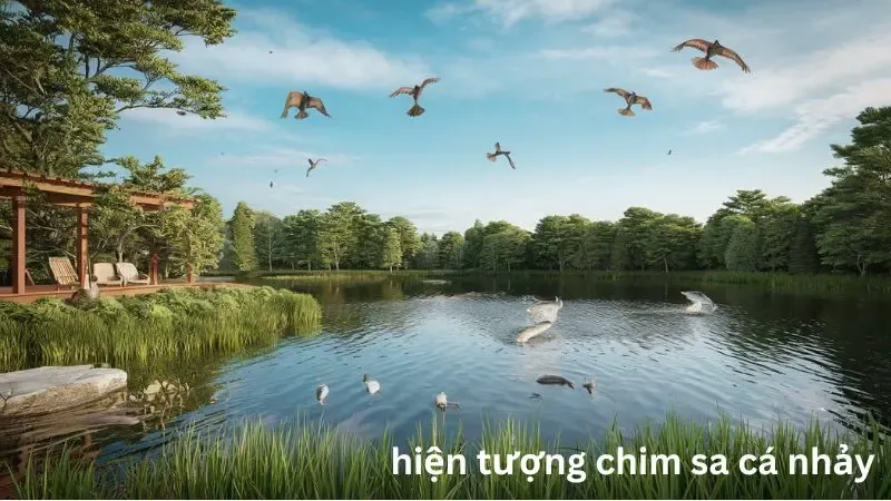 Chim sa cá nhảy là điềm báo gì? Hình ảnh minh họa chim rơi xuống đất và cá nhảy lên bờ, thể hiện quan niệm dân gian về điềm báo.